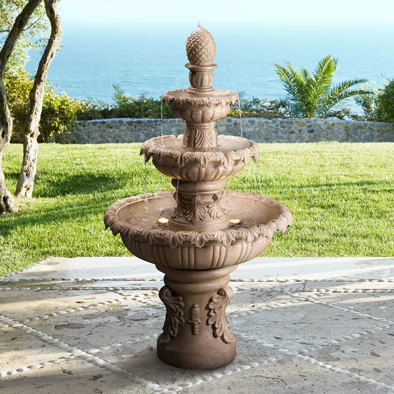 Ibiza 45" High 3-Tiered Sandstone Garden Fountain With Light 3 Ibiza 45" High 3-Tiered Sandstone Garden Fountain With Light