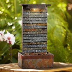 Stave Slate Stone 19" High Rustic Modern Fountain With LED Light