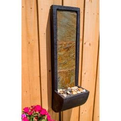 Triptych 37" Natural Slate Modern Wall Fountain With Light